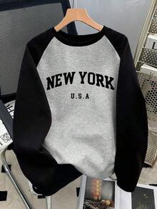 Camiseta de manga larga con cuello redondo, estampado de letras y contraste de color para mujer - Gris Claro 2 - Ver 7