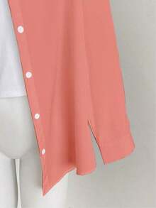 Camisa casual de manga larga, de un solo pecho, de unicolor y holgada para mujer - Naranja Coral - Ver 5