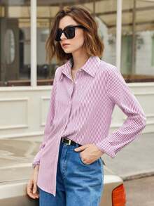 Camisa de mujer de manga larga con hombros caídos y rayas, estilo básico urbano y de commuter, moda simple y elegante, adecuada para vestimenta casual de negocios, oficina, profesora - Rosa 2 - Ver 1