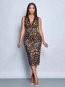 Vestido midi slim de mangas farol con cuello en V profundo de encaje y estampado de leopardo en colores contrastantes.Elegante para ir al trabajo, citas casuales, Día de San Valentín romántico y sexy, moda primavera y verano para fiestas en vaca - Marrón - Ver 3