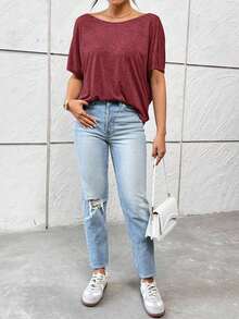 Camiseta gris de verano casual para mujer con escote trasero y nudo trenzado - Burdeos - Ver 5