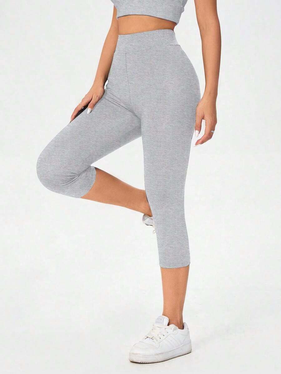 Leggings capri de cintura alta de estilo casual negro para mujeres, adecuados para el verano y para salir, ropa de mujer para deportes de otoño - Gris Claro - Ver 1