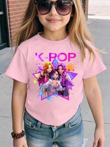 Short-Sleeved T-Shirt With Round Neck And Cartoon Print For Young Girls - BLACK AND RED - View 1