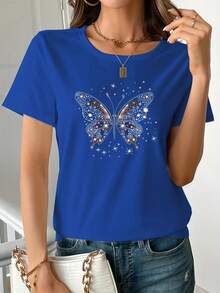Plus Size Women's T-Shirt - Butterfly Print - Comfortable, Short Sleeve, Round Neck, Suitable For Casual Wear, Cotton T-Shirt Style, Elegant Blouses For Ladies - 藍色 - 查看 3