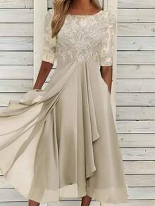 Robe de la ninfa etérea, chiffon que fluye como brisa, aplicaciones de encaje con calados de ensueño, esencia de la elegancia ligera y romántica para ser la musa perfecta en bodas y celebraciones - Dorado - Ver 7