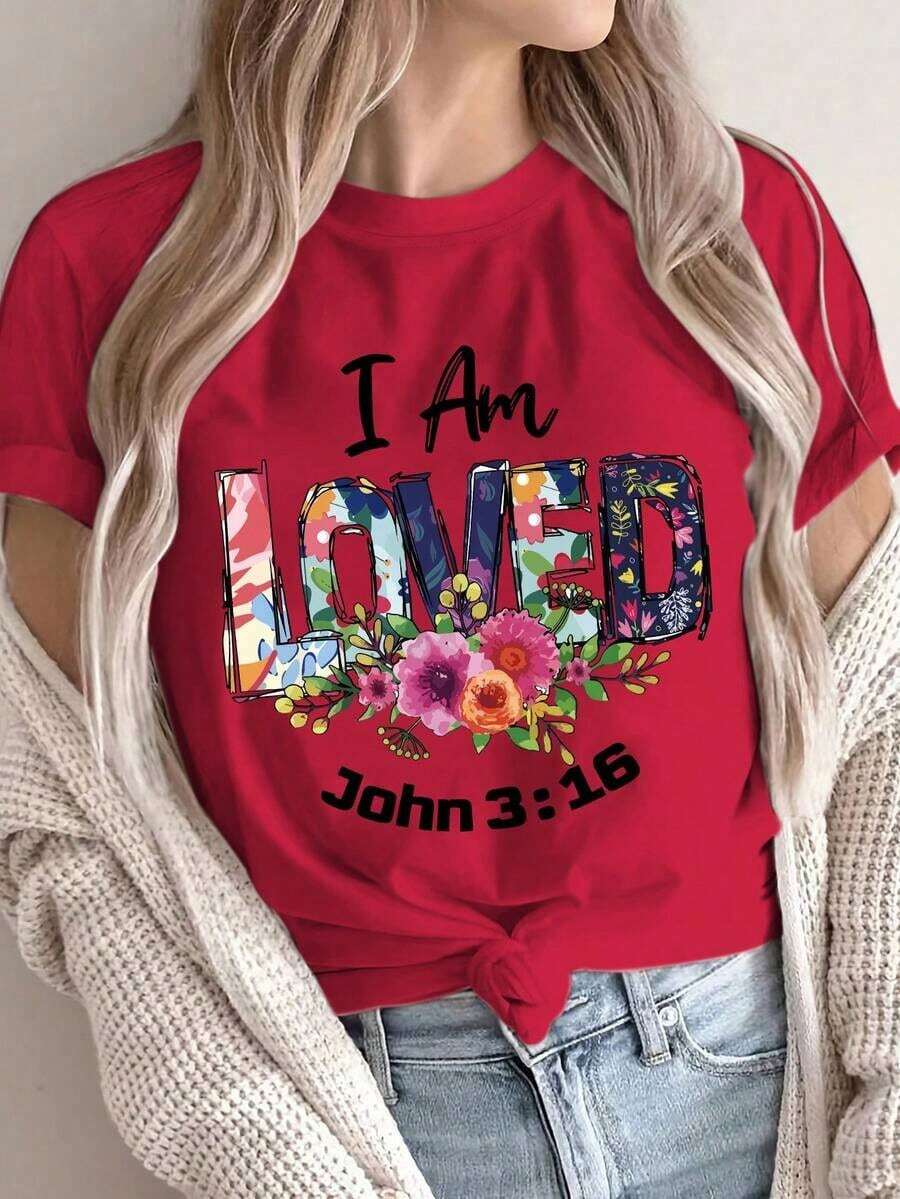 Women's Inspirational Polyester Fiber T-Shirt, Printed With "I Am Loved" John 3:16, Casual Round Neck, Short Sleeves, Breathable Knit Fabric, Comfortable For All Seasons, 180 Grams Per Square Meter - Regular Fit. - 紅色的 - 查看 1