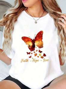 Loose 1 Piece Women's T-Shirts With Butterfly And Faith Print, Graphic Tees, Casual Tops, Plus Size, Cute T-Shirt, Fashion Gifts, Short Sleeve, G, 100% Soft Cotton Basic Crew Neck Cotton T-Shirt For Women - 白色的 - 查看 7