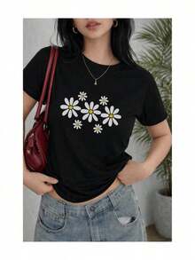 Loose-Fitting, Soft, 100% Cotton Women's Short-Sleeved T-Shirt With A White Daisy Print. A Fresh, Minimalist, And Youthful Floral Design. This Breathable Cotton T-Shirt Goes With Everything And Is A Great Choice. Basic Crew Neck Cotton T-Shirt For Women - 黑色 - 查看 1