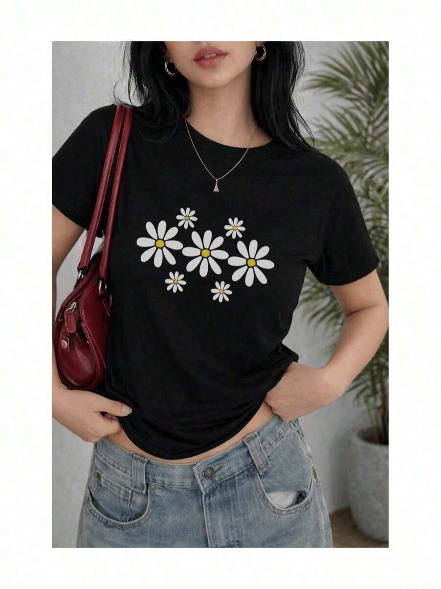 Loose-Fitting, Soft, 100% Cotton Women's Short-Sleeved T-Shirt With A White Daisy Print. A Fresh, Minimalist, And Youthful Floral Design. This Breathable Cotton T-Shirt Goes With Everything And Is A Great Choice. Basic Crew Neck Cotton T-Shirt For Women - 黑色 - 查看 1