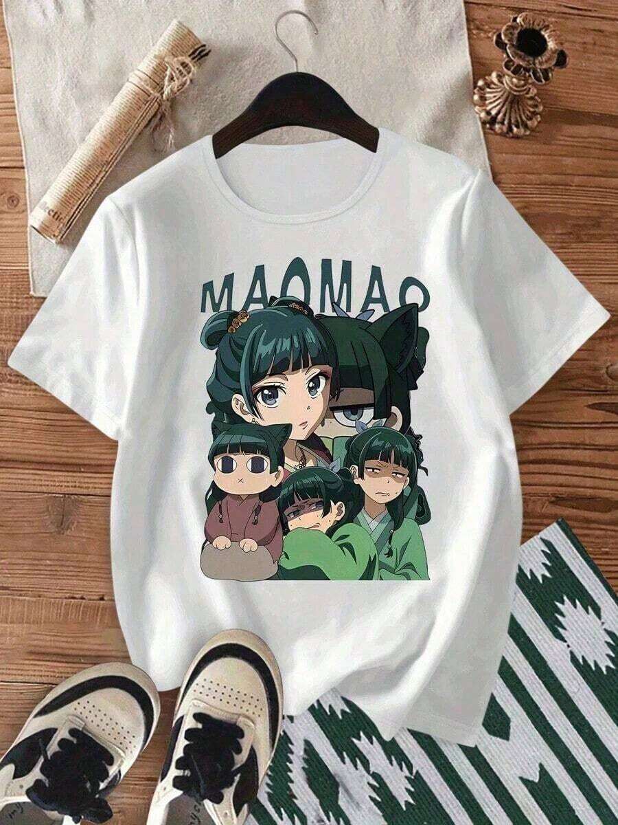 Maomao Blue Cartoon Character T-Shirt - Casual Crew Neck, Short Sleeve, Medium Stretch Fabric For Summer, Perfect For Home And Sports, Casual Wear | Playful Design | Medium Stretch Material Y2k T-Shirt Shirt - 白色 - 查看 1
