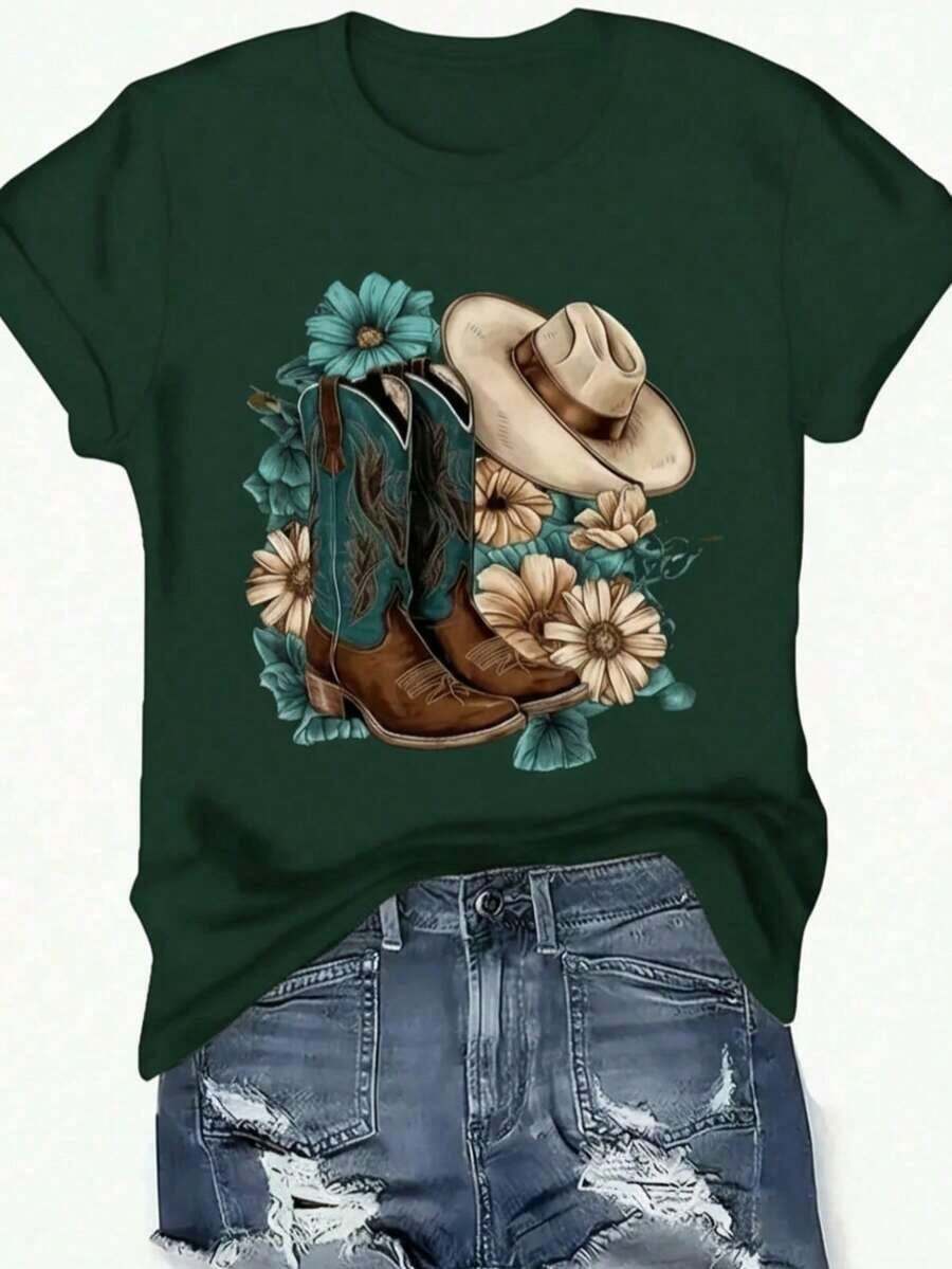 Women's Graphic T-Shirt, Short Sleeve, Round Neck, Casual, Comfortable, Cool, Lightweight, Modern, Youthful, Regular Fit, Print, Cowboy Boots, Flowers, Floral, Hat, Feminine Cowboy - 綠色的 - 查看 1