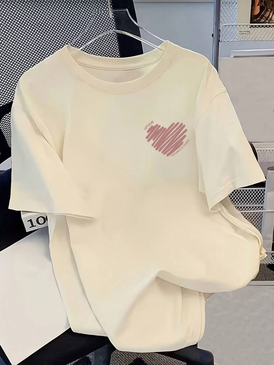 Women's Casual Cotton Crew Neck T-Shirts, 100% Cotton Short Sleeve T-Shirts For Women, Stylish Student T-Shirts With Heart Print, Versatile Short Sleeve Crew Neck T-Shirts, Simple T-Shirt For Everyday Wear. - 杏色 - 查看 1