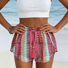 Women's Bohemian Style Beach Shorts, Openwork Knit With Print And Tassel Bow. - 圖片色2 - 查看 2