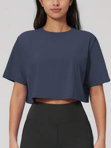 NcmRyu 1pc Women Solid Color Loose Cropped Short Sleeve Activewear Top Sports - Navy Blue - View 6