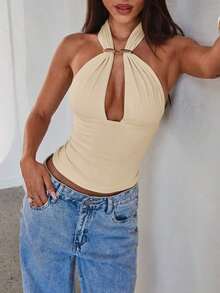 Camiseta sin espalda con cuello halter y decoración de hebilla de metal hueca sexy para mujer - Albaricoque 2 - Ver 6