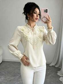Blusa de mujer de color albaricoque con adorno de encaje, de moda y casual - Albaricoque - Ver 3