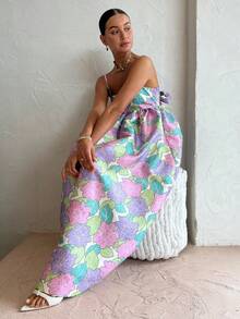 Vestido tirantes estampado amplio espalda descubierta estilo casual europeo elegante moda femenina verano - Azul lavado medio - Ver 8