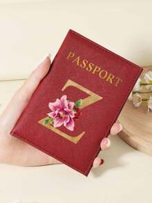 Floral Letter Print Passport Holder Wallet & Card Holder, Slim Travel Purse For Couple, Fits Cards & IDs, Lightweight Portable - Burgundy - View 124