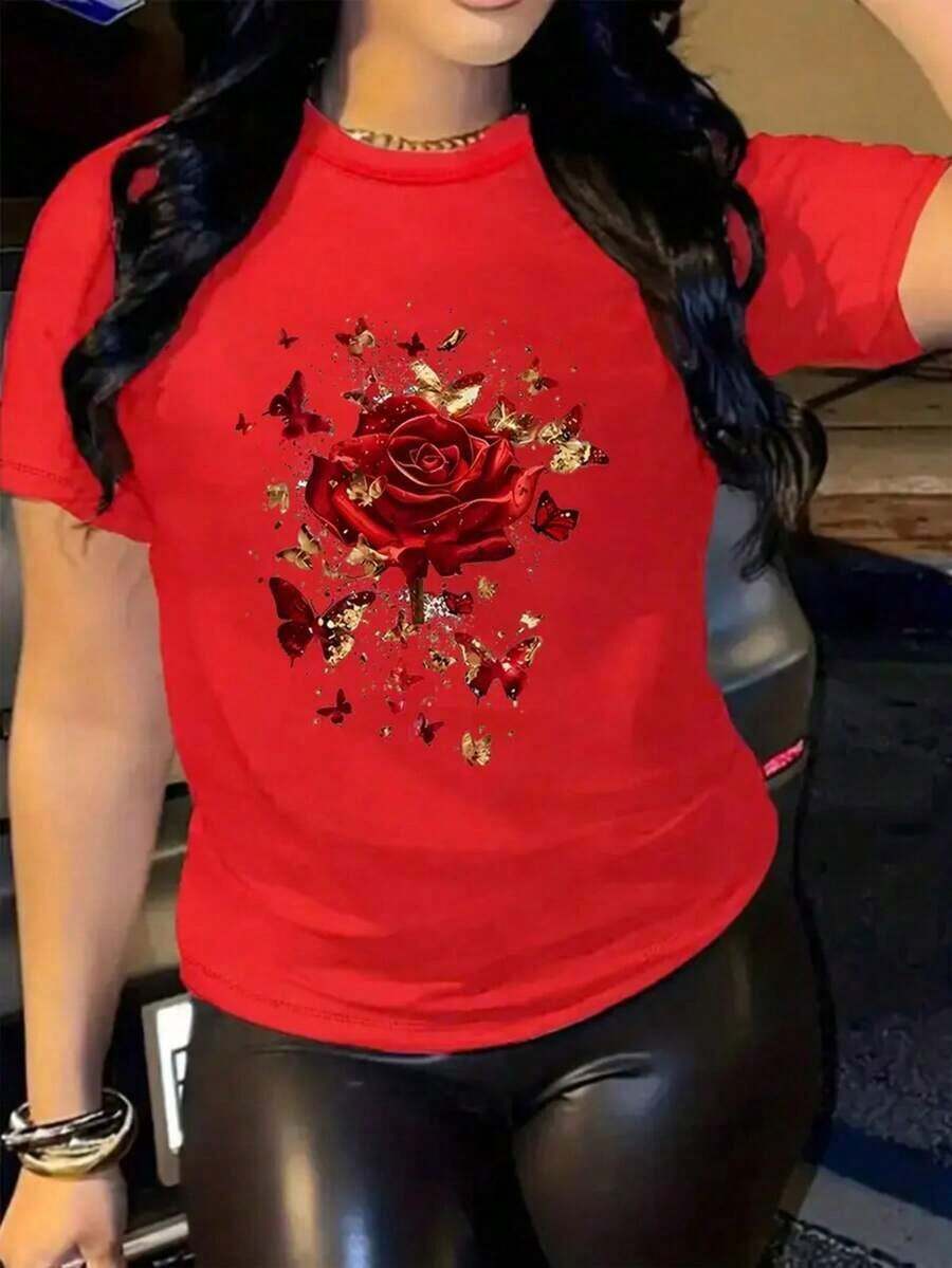 Women's Basic Graphic Print T-Shirt, Short Sleeve, Crew Neck, Pink Roses, Flower, Floral, 3D, Leaves, Nature, Butterfly, Y2K Aesthetic, Regular Fit, Casual, Comfortable, Cool, Lightweight, Soft, Modern, Youthful, Romantic, Bohemian, For Home, Everyday, Day, Beach, Spring, Summer, Rocker-Vintage Street Style, Unisex Cotton Short Sleeve Crew Neck T-Shirt - 紅色的 - 查看 1