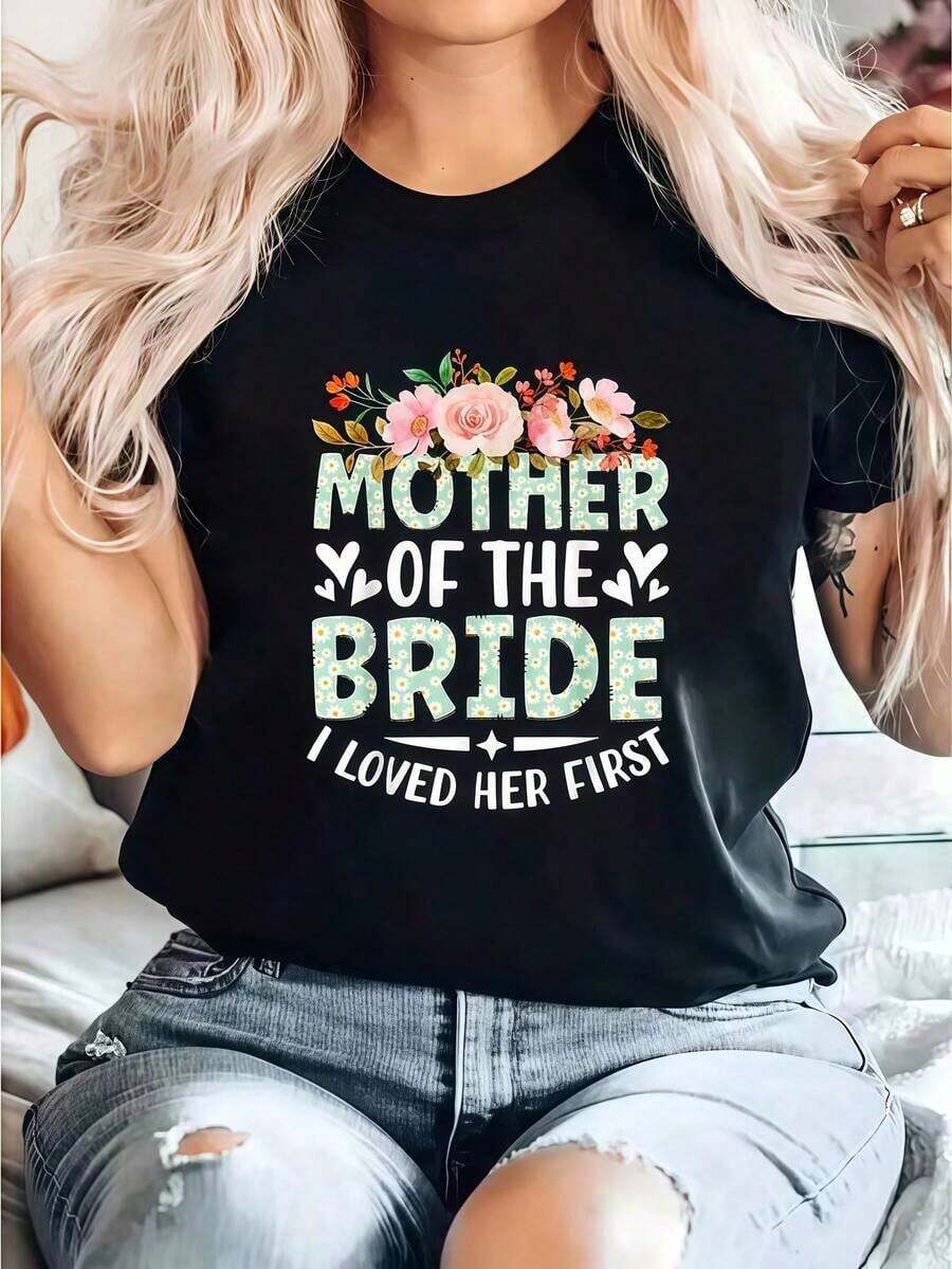 Camiseta Estampada Para La Madre De La Novia La Amé Primero , Diseño De Novia Y Novio, Camiseta Informal De Cuello Redondo De Manga Corta, Cómoda Para Primavera Y Verano, Ropa De Mujer Summer Essentials,Summer Outfits For Women,Graphic Tees blusas para mujer camisa - Negro - Ver 1
