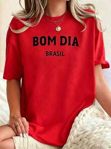 Camiseta Gráfica "Bom Dia Brasil" para Mujer - Diseño Minimalista con Letras, Manga Corta, Cuello Redondo, Camiseta Casual para Uso Diario, Diseño con Texto en Portugués Brasileño, Camiseta Ajustada para Todas las Temporadas, Ropa de Verano, Ropa de Pascua para Mujer, Regalo para el Día de la Madre, Camiseta Gráfica Divertida de Talla Grande para Mujer. blusa casual mujer  playeras de mujer algodon - Rojo - Ver 9