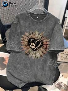 Camiseta con estampado de huella de pata de girasol y corazón de mascota, camiseta de marca de moda vintage de algodón batik de alta calidad, camiseta de mujer, camiseta de primavera y otoño para mujer, regalo para el Día de San Patricio, regalo de Pascua, regalo de vacaciones, 180g 100% algodón. - Gris - Ver 12
