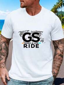 Camiseta Estampada para Hombre GS MAKE A LIFE RIDE Exclusiva para Motociclistas con Elementos del Mapa Mundial Estilo Motociclista Hardcore Ropa Casual Transpirable para Motociclistas - Blanco - Ver 1