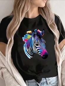 Nuevas llegadas para el verano. Camiseta de manga corta de poliéster con estampado de cebra colorido, ligera y duradera, perfecta para uso casual en casa, oficina o salidas, ajuste cómodo para uso diario. Blusa, camisa > Hermosa. - Negro - Ver 12