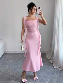 YHHElenzga Vestido ajustado y elegante de color rosa romántico con paneles de malla contrastante, estilo cola de pez y cinta, para primavera/veranoYHH - Rosa - Ver 7