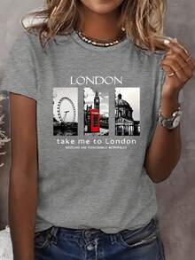 Women's Summer Short-Sleeved T-Shirt, European And American Style, With London Letter Print And Iconic City Buildings, A Modern And Stylish Feminine Combination - 灰色的 - 查看 6