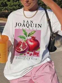 1 Pieza de Camiseta de Manga Corta con Estampado de Granada del Valle de San Joaquin para Hombres y Mujeres, Camiseta Oversize con Gráfico de Fruta Estética, Estilo Vintage de California, Cuello Redondo para Uso Diario, Vacaciones de Verano, Ropa Urbana Versátil, Fácil de Combinar, Atuendo Diario, Estilo Urbano, Atuendo de Vacaciones, Atuendo de Fin de Semana. - Blanco - Ver 7