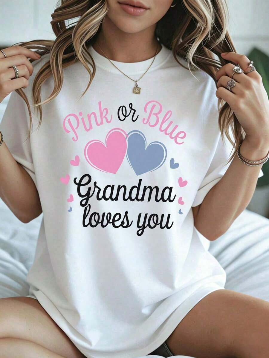 Elegante y casual para mujer, manga corta, camiseta casual para el Día de la Madre, rosa o azul, estampado de corazones "La abuela te quiere", uso diario en primavera y verano. - Blanco - Ver 1