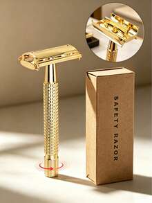 1 pieza Maquinilla de afeitar de de doble cara, 1 pieza Maquinilla de afeitar de metal con 5 cuchillas, Material de acero inoxidable premium, Mango texturizado antideslizante, Opciones de color oro/plata, Diseño de apertura giratoria para fácil reemplazo de cuchillas, Experiencia de afeitado cercano y suave, Herramienta de afeitado húmedo clásica reutilizable, Adecuada para el aseo diario, viajes y uso en barbería - Cabezal de corte rotatorio - Ver 2