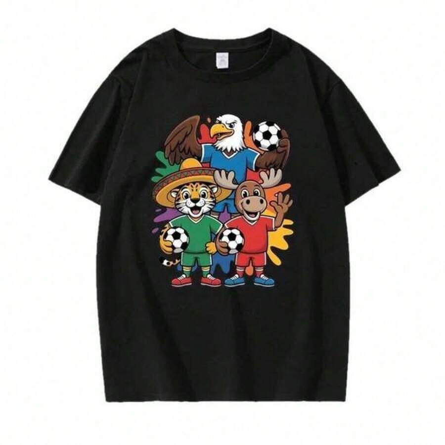 Camiseta conmemorativa de la Copa Mundial 2026 de algodón, de manga corta, con estampado del, para los seguidores de fútbol de EE. UU., Canadá yéxico, camiseta cultural personalizada para fans masculinos y femeninos. - Negro - Ver 1