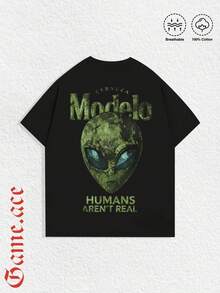 1 PCS Modelo Cerveza Alien "Humans Aren't Real" Graphic T-Shirt, Dual Chest & Back Logo Print, Retro Sci-Fi Distressed Style, 100% Cotton Breathable Short Sleeve Top, Loose Oversized Fit, Available In Black And White, Suitable For Men, Women & Teens, For Casual Outings, Sci-Fi Events, Beer Parties, Daily Wear, Summer Outfits, Alien & Beer Enthusiast Apparel, Ideal Gift For Modelo Fans, UFO Believers & Retro Graphic Tee Collectors - màu đen - Xem 3
