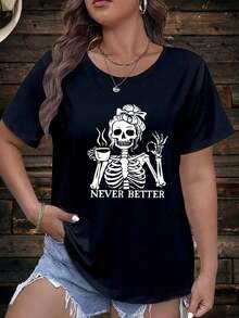 NewSummerCasualCamiseta popular para mujer con estampado de calavera amante del café, cuello redondo a la moda, mangas cortas, ropa deportiva para mujer, 100% algodón.-Vintage Street Style Unisex Loose Cotton Short Sleeve Crew Neck T-Shirt - Negro - Ver 1