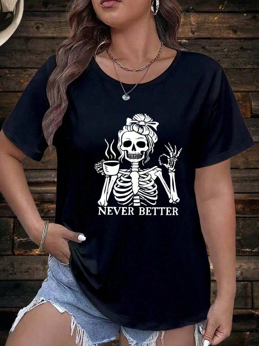 NewSummerCasualCamiseta popular para mujer con estampado de calavera amante del café, cuello redondo a la moda, mangas cortas, ropa deportiva para mujer, 100% algodón.-Vintage Street Style Unisex Loose Cotton Short Sleeve Crew Neck T-Shirt - Negro - Ver 1