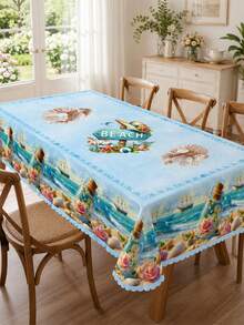 1 Piece Of Summer Beach Starfish Shell Patterned Tablecloth, Polyester Tablecloth With Fan-Shaped Edges, Suitable For Terraces, Kitchenware, Beach Parties, Wedding Decorations, Swimming Pool Parties, Tropical Home Decor, With A Nautical Theme Wallpaper. - Multicolor - View 7
