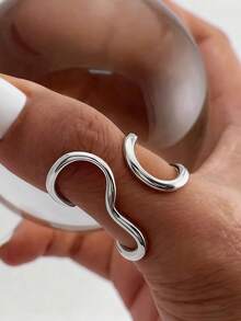 1 pieza Anillo de acero inoxidable con línea asimétrica, anillo abierto minimalista y versátil apto para uso diario - Multicolor - Ver 4