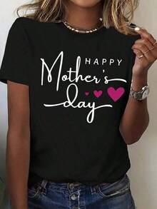 Camiseta Casual Para Mujer Con Estampado "Feliz DíA De La Madre" - Verde, Manga Corta, Cuello Redondo, Con DiseñO De CorazóN, Perfecta Para Celebraciones Del DíA De La Madre, Camiseta Para Uso Casual |     Top Con Estampado Divertido |     Ajuste CóModo, Regalos Para El DíA De La Madre - Negro - Ver 6
