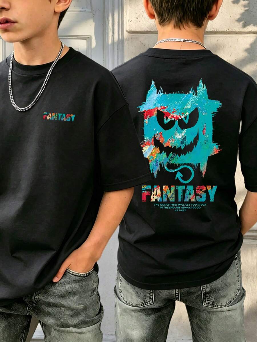 1 pieza Camiseta de niño con estampado de monstruo graffiti, nuevo estilo callejero americano de verano en color negro de manga corta, cómoda y versátil camiseta gráfica - Negro - Ver 1