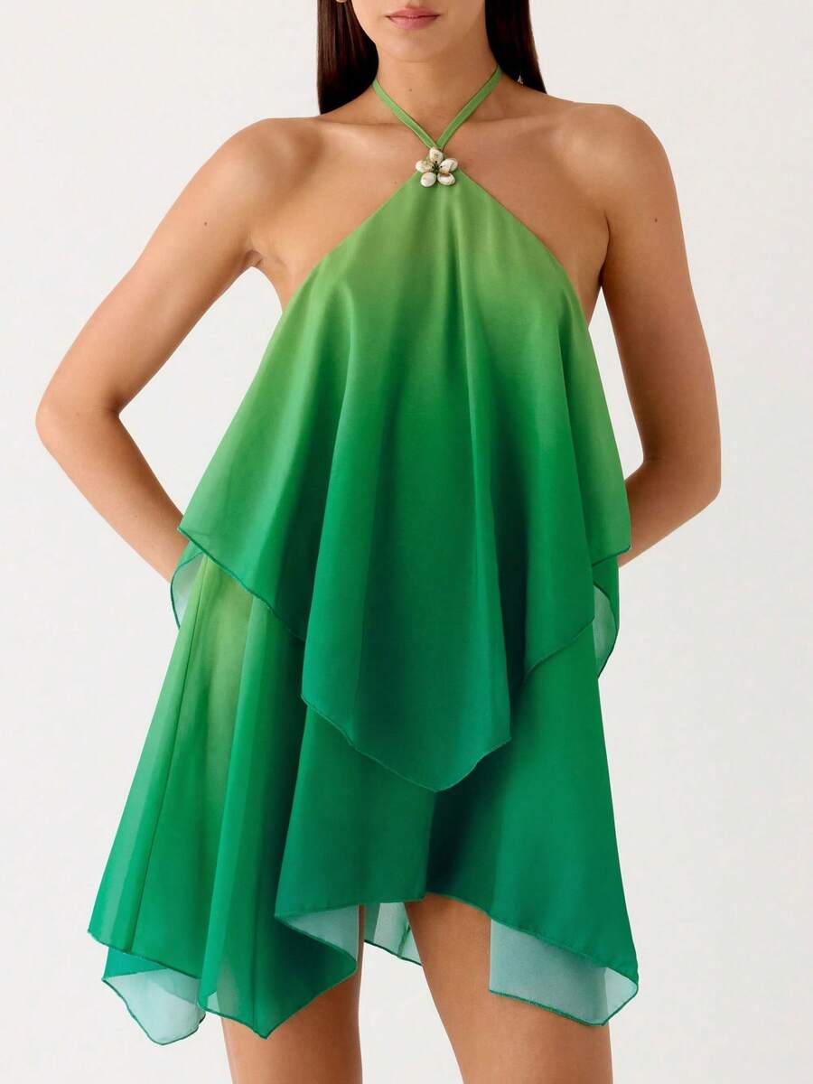 Women Ruffle Halter Neck Mini Dress Mock Neck Sleeveless Open Back Tiered Dress Y2K Mesh Layered Summer Going Out A Line Dresses - Green - View 1