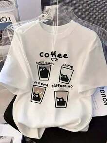 1 pieza de camiseta casual de manga corta para mujer de talla grande con estampado gráfico de café, té y un lindo gato, adecuada para primavera, verano y otoño, camiseta de gato, ropa de verano, diseño divertido, estilo japonés, top casual/de exterior/camiseta estampada blanca 180g Algodón 100%. - Blanco - Ver 10