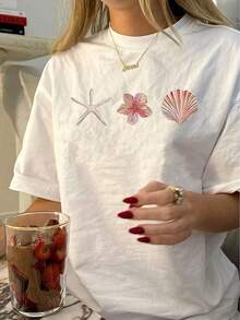 Women Casual Starfish &Amp; Shell Print Round Neck Short Sleeve T-Shirt - White - View 1