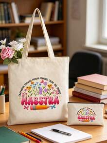 Teacher Theme Travel Print Bag - Foldable Storage Bag, Decorated With Vibrant Teacher Theme Patterns, Ideal Gift For Educators, Teachers And Students, Teacher Gift Bag, Fun Design - Multicolor - View 2