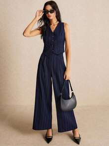 Conjunto de pantalones y chaleco a rayas holgados, traje de dos piezas de color azul marino para mujer, conjunto de vestir para la oficina, mujer de dinero antiguo, dos piezas, lo básico de la moda fácil, vestimenta de oficina para damas, ropa de negocios, ropa para maestras, prendas de otoño para mujer de dos piezas 24 FW - Multicolor - Ver 3