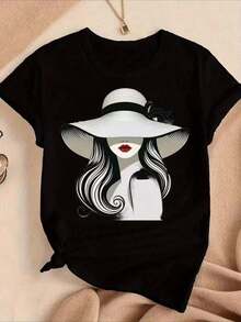 100% cotton Nueva camiseta de cuello redondo para mujer, manga corta, holgada, casual y versátil con‌estampado de figuras femeninas de diseño‌, tejido suave y de buena caída - Negro - Ver 6
