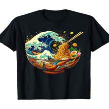 Camiseta con dise?o exclusivo de ramen japonés Kanagawa Wave estilo anime retro, ideal para el Día de la Independencia y el Día del Padre - 180 g, 100 % algodón. - Negro - Ver 1