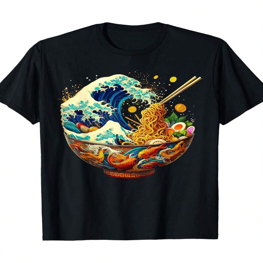 Camiseta con dise?o exclusivo de ramen japonés Kanagawa Wave estilo anime retro, ideal para el Día de la Independencia y el Día del Padre - 180 g, 100 % algodón. - Negro - Ver 1