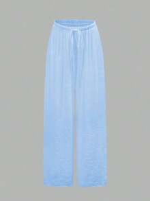 Pantalones anchos de verano para mujer con cintura anudada y unicolor - Celeste - Ver 6